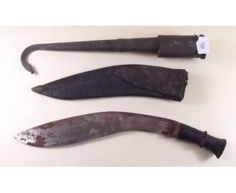 A Kukri and a brass scabbard for a Turkish curved knife 