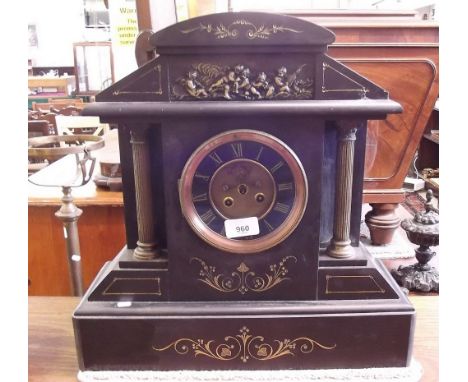 A large Victorian black slate mantel clock - lacking hands