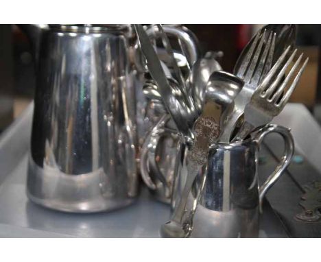 SILVER PLATED FOUR PIECE TEA SERVICE
of hotel style holloware; together with a cruet set, a parallel ruler and some plated fl