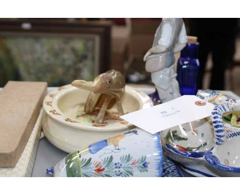 QUIMPER TREFOIL DISH
together with a Quimper wall pocket, four apothecary bottles, Lladro figure and a Royal Doulton Bunnykin
