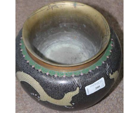 CHINESE BRASS CIRCULAR BOWL AND A CLOISONNE ENAMEL POT (2) 