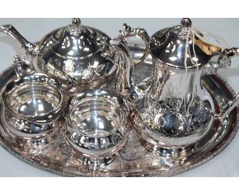 SILVER PLATED FIVE PIECE TEA SERVICE
comprising a teapot, coffee pot, sugar and cream and a tray