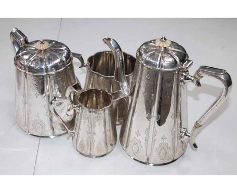 LATE VICTORIAN SILVER PLATED FOUR PIECE TEA SERVICE
comprising a teapot, coffee pot, sugar and cream, each of lobed form and 