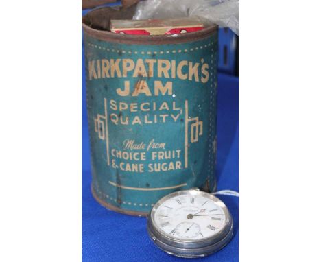 SILVER POCKET WATCH , J.G. GRAVES
along with Kirkpatrick's Jam wartime tin, Wild Woodbine cigarette pack, etc 