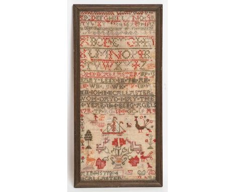 TWO GEORGE III SAMPLERS
the first of rectangular form, with the alphabet and pictorial motifs, signed 'M. Callaster' (?) and 