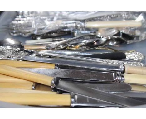 SELECTION OF SILVER AND PLATED FLATWARE
including two silver and bone handles fish serving forks, Victorian silver sugar tong