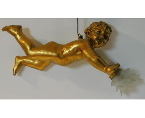 A gilded resin hanging lamp fitting in the form of a putti with frosted glass floral form shade. W.52cm 