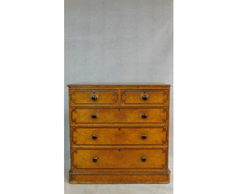 A Victorian painted pine chest of two short above three long graduating drawers with ceramic knob handles on plinth base. H.1