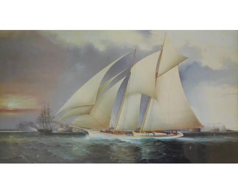 A framed and glazed 1970s print, the yacht Magic defending the America's cup of 1870, by James E. Buttersworth. 93x59cm 