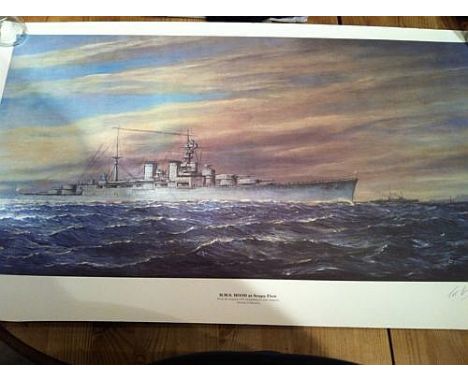 Ted Briggs signed print HMS Hood at Scapa Flow, taken from a painting by John Sampson. Briggs was one of only three survivors