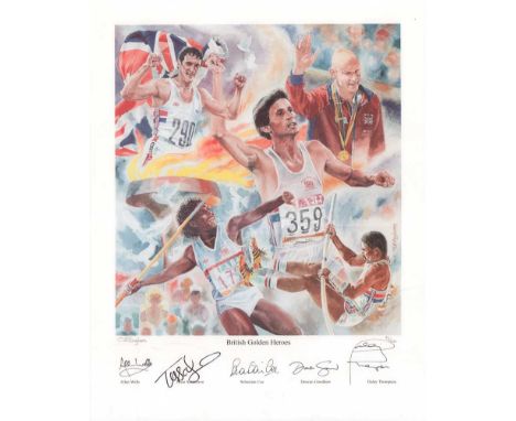 Olympic Multisigned Sport Print Superb colour Montage print titled British Golden Heroes by artist C Ellingham. Signed by Ala
