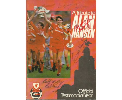 Liverpool Multisigned Official testimonial programme A Tribute to Alan Hansen signed on the front cover by 4 including Emlyn 