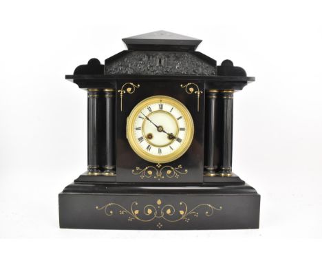 A late 19th century French 8 day mantle clock, the case of architectural form with a scene of cherubs in a landscape above fo