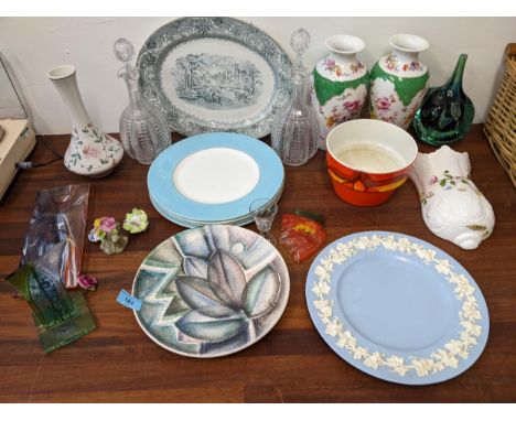 Ceramics to include a Wedgwood Embossed Queensware dinner plate, a Poole pottery, a pair of decanters, Madina glass, a pair o