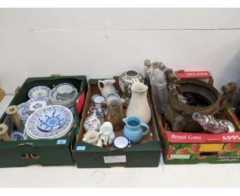Ceramics and metalware to include Masons Old Chelsea pattern tableware, 19th century jugs, brass candlestick, figurine bottle