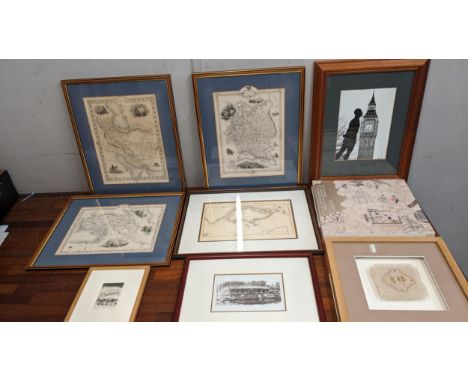 Framed prints and pictures to include A Historic Maps of Persia, Singapore and Turkey, a print of a sketch of Gongzi Hall, a 