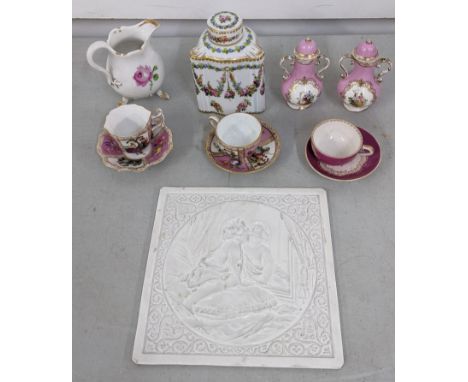 19th and 20th century porcelain collectables to include tow pink and white miniature urns, both with crossed swords markings 