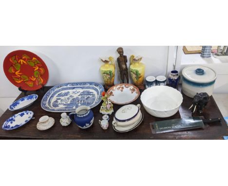 A mixed lot to include a Poole pottery plate, a pair of Austrian decorative jugs, a treen carving of a man and other itemsLoc