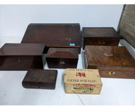 A selection of 19th century boxes and others to include a mahogany writing desk slope, regency sarcophagus shaped tea caddy V
