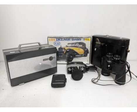 A mixed lot to include a cased Bolex Paillard P4 movie camera, Boots Ascot binoculars, Sony Walkman FX101, and a Heller 1/24 