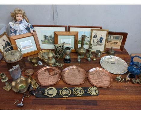 A collection of metalware, framed prints and other items to include three copper Teachers Highland cream trays, a hip flask, 