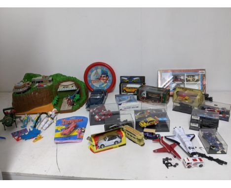 Toys to include a Thunderbirds Tracey Island, with figures and vehicles to include a Thunderbirds 2, and a FAB1 Lady Penelope