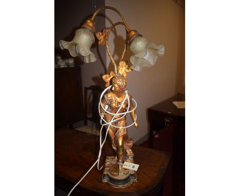 An 19th Century style reproduction table lamp in the form of a male figure with a quiver of arrows, two ornate scrolling arms