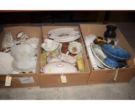 Three boxes of miscellaneous ceramics, to include: a Royal Worcester 'Evesham' pattern quiche dish; a Duchess part tea set de