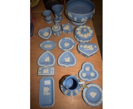 A large selection of Wedgwood pale blue Jasper ware, comprising: bowls; trinket dishes; a jug; pin trays; etc.  (18)