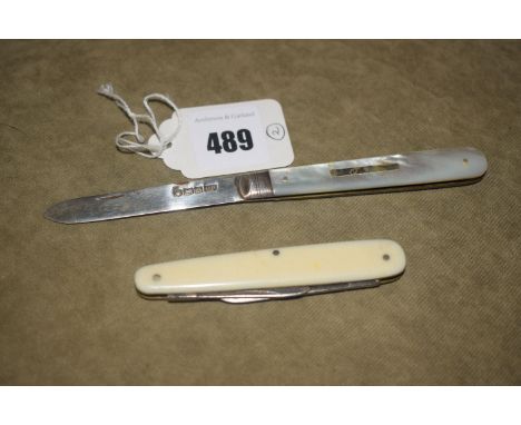 A silver and mother-of-pearl pen knife; together with another pen knife.