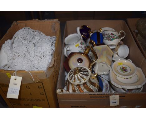 A quantity of table lace; other soft goods; etc., in a box; together with a selection of miscellaneous ceramics, to include: 