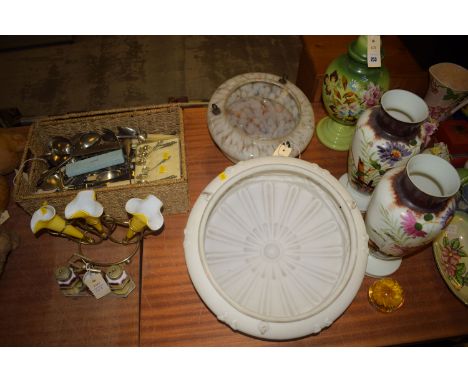 An Art Nouveau style yellow glass and plated metal epergne; a hand-painted condiment set by J.W.T., Czechoslovakia, plated mo