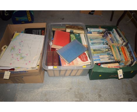 Three boxes of hardback books; and Ordnance Survey maps, books to include: Practical Knowledge For All, by Sir John Hammerton