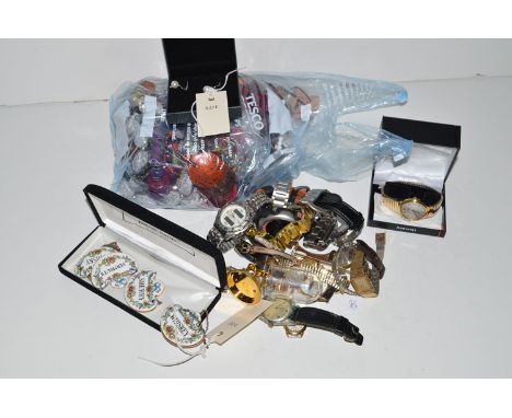 A quantity of costume watches; a quantity of costume jewellery; Crown Staffordshire decanter labels; and a pair of faux pearl