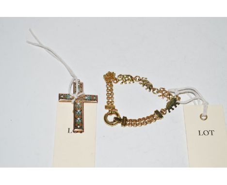 A giltmetal bracelet stamped '750', decorated with elephants; together with a giltmetal and enamel cross-pattern pendant.