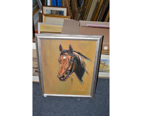 An oil painting, by J.Maitland - head portrait of a bay horse.