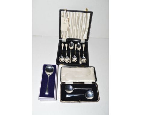 A set of six silver teaspoons, by John Round, in fitted case; together with a pair of silver preserve spoons, by Francis Hall