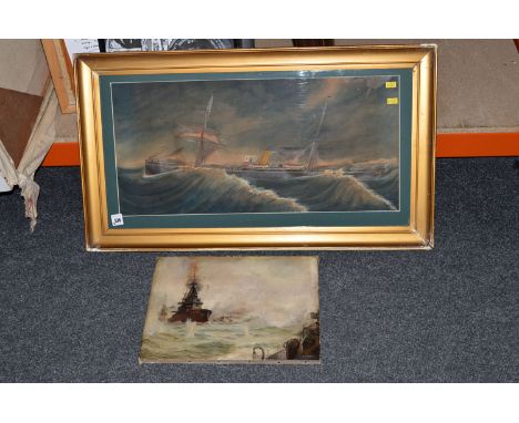 An oil painting - battleships, unframed, indistinctly signed; together with an late 19th Century watercolour - portrait of th