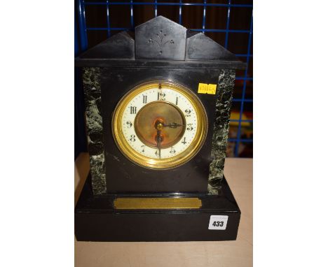 A Victorian slate and marble mantel clock, with enamel dial and brass presentation plaque.