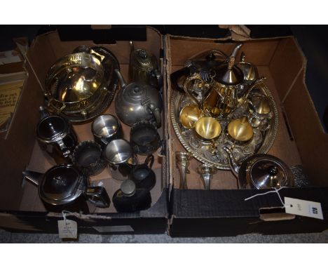 A quantity of miscellaneous silver plate, to include: a coffee set; tea set; a pierced gallery tray; etc., in two boxes.