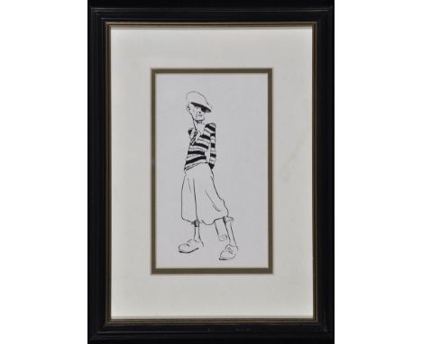 Style of John Hassell - portrait of a golfer c.1930, with inscription on a label verso, pen and ink.