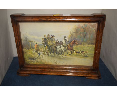 An unusual mid 20th Century mantel clock probably by Smiths in the form of a framed print of a coaching scene with huntsmen a