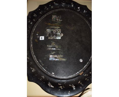 A Victorian papier mache tray with mother-of-pearl inlay; together with a watercolour, by J.S. Houliston -  Alnwick town squa