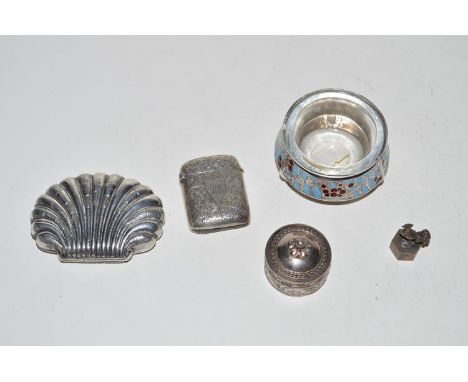 A Russian metal and enamel table salt; a vesta case; a shell patterned purse; and a small pot.
