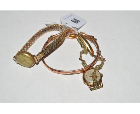 Two gold cased cocktail watches, one by Rotary; together with a yellow metal bangle set seed pearl and turquoise cabochon amo