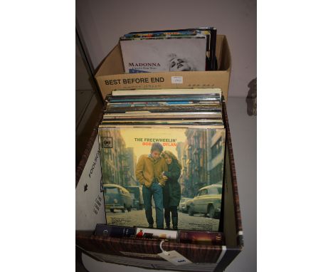 Two boxes of vinyl records, including: Bob Dylan; Madonna; Rod Stewart; John Lennon; etc.