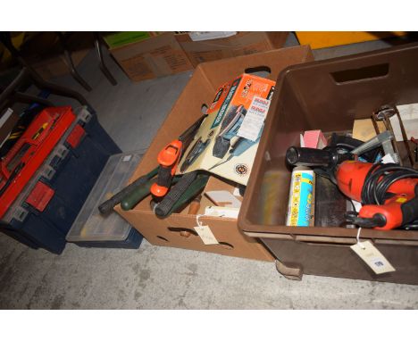 A Black & Decker Drill; a Black & Decker sander, model no. KA110E; together with a plastic tool box with tools, consisting of