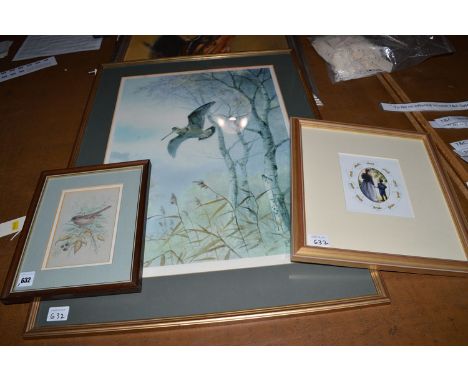 A watercolour, by Andrew Alexander - sparrow perched on a bramble, signed with monogram; a watercolour - mother and child sur
