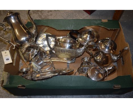 A silver plated Georgian style three-piece tea service; a pair of silver plated coffee pots; silver plated basket; etc.