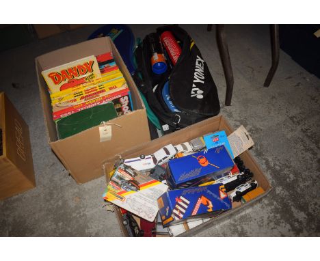 Four badminton rackets with net; and two tennis rackets one by Dunlop; nineteen annuals, to include: Shoot, The Dandy, The Be